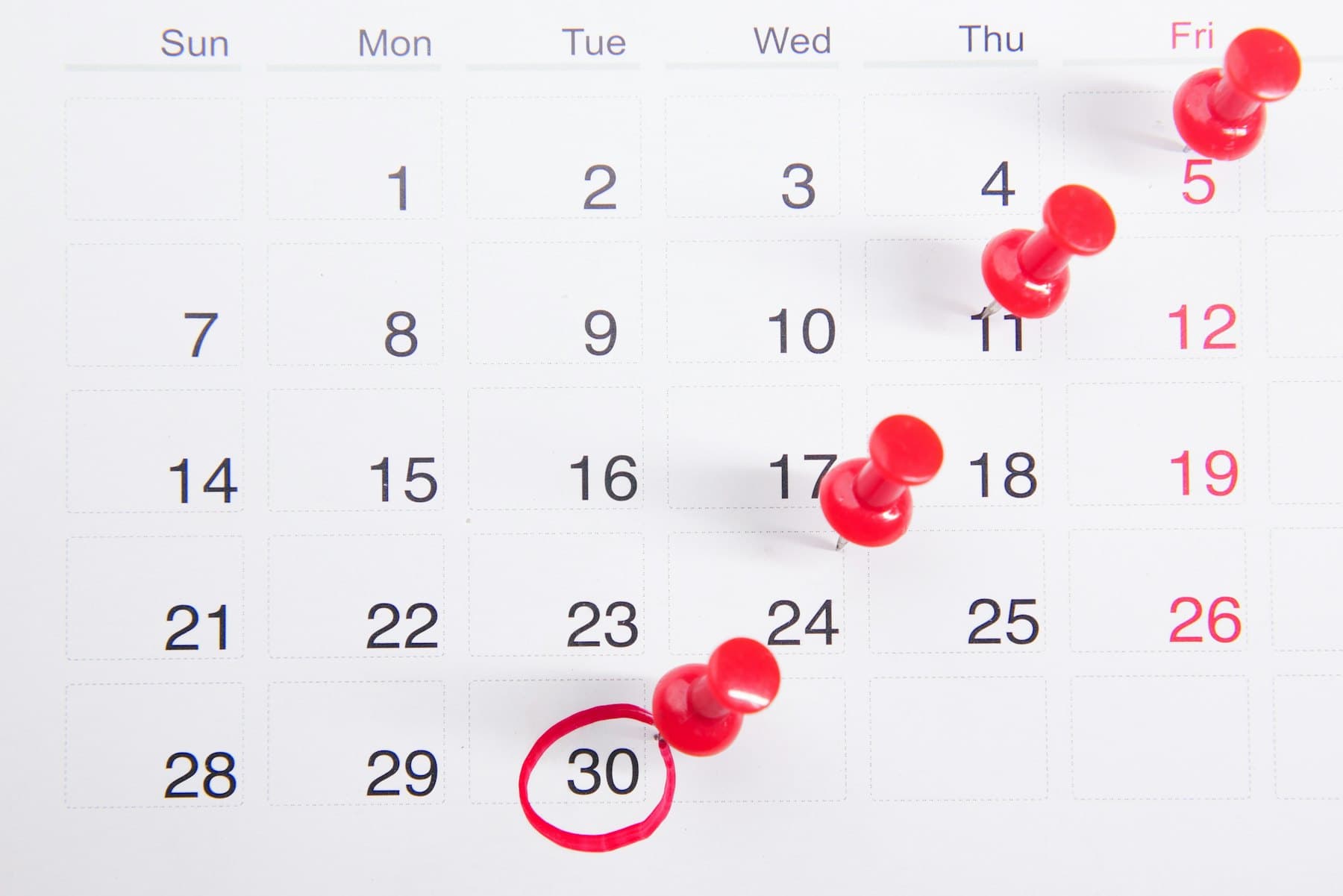 Calendrier avec des dates limites épinglées